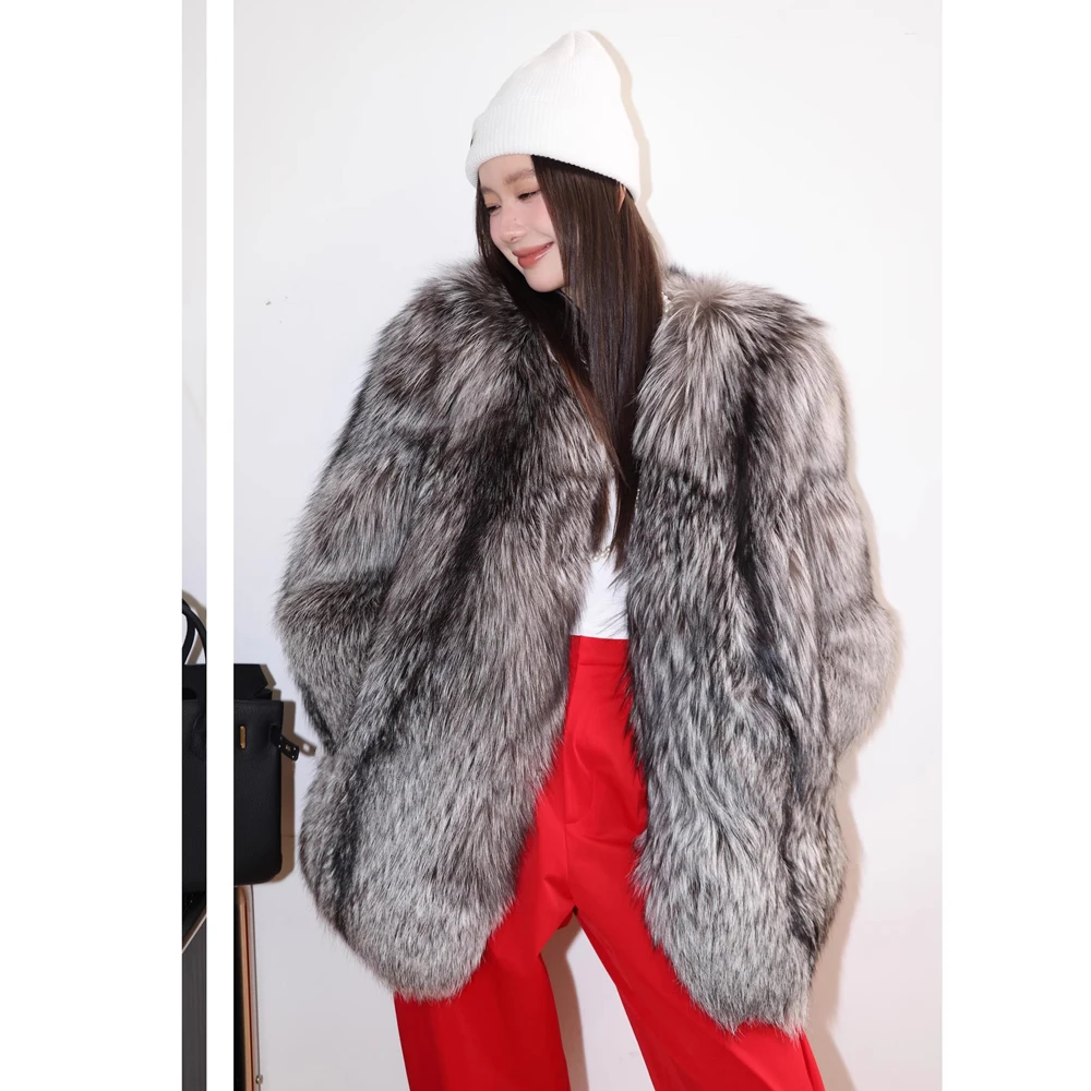 Women's fur coat Autumn-winter silver fox whole skin fox fur medium long thick long fur coat warm casual trench coat