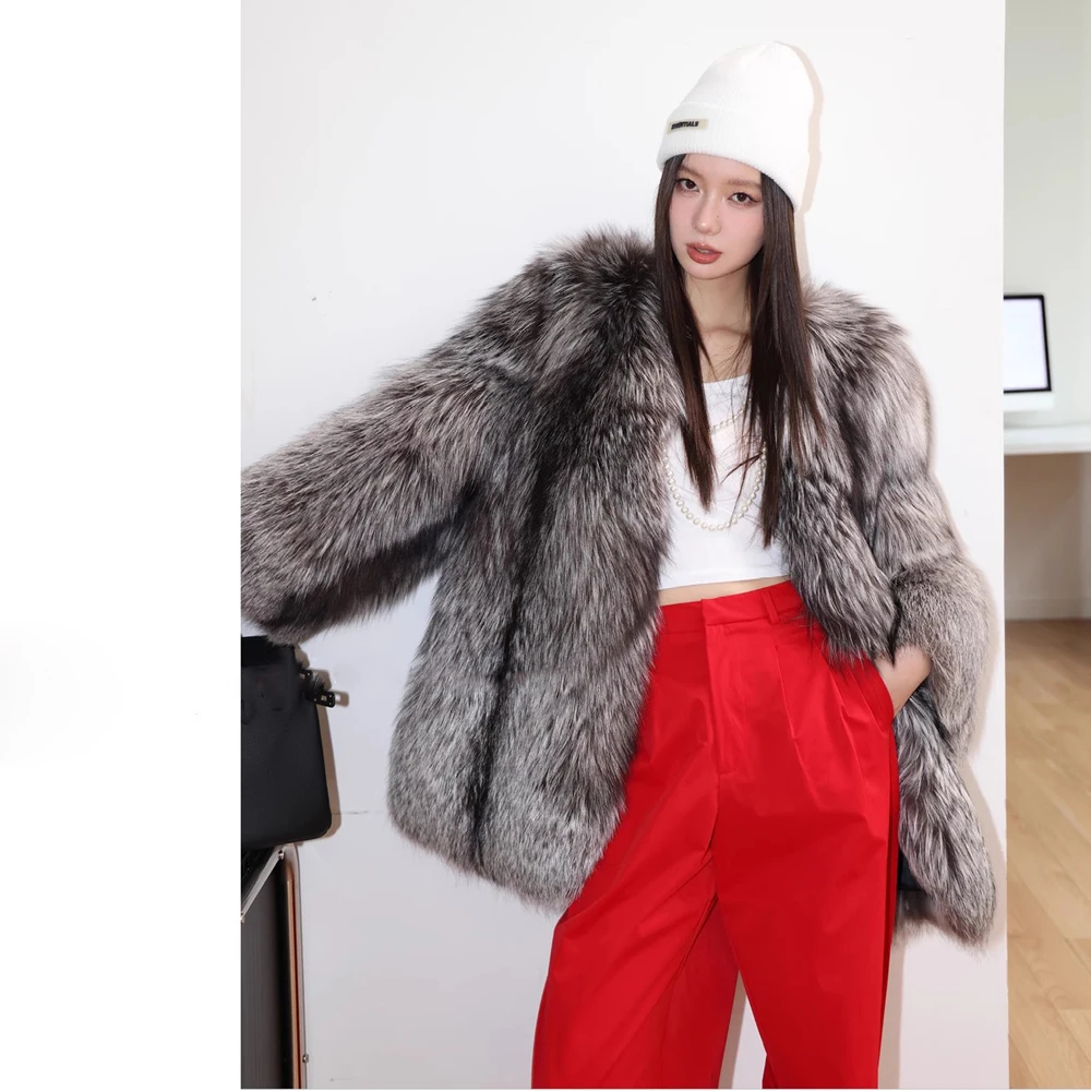Women's fur coat Autumn-winter silver fox whole skin fox fur medium long thick long fur coat warm casual trench coat