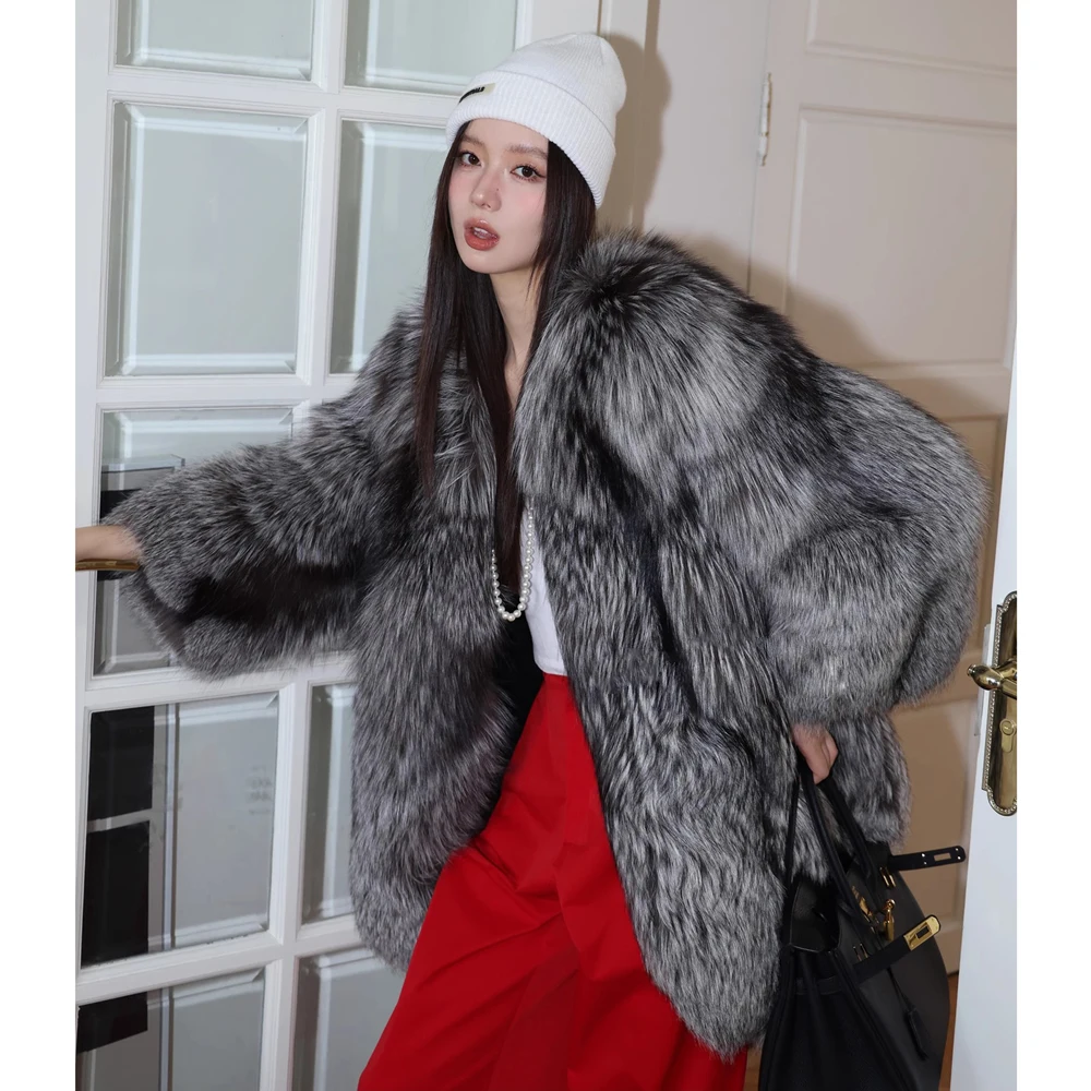 Women's fur coat Autumn-winter silver fox whole skin fox fur medium long thick long fur coat warm casual trench coat