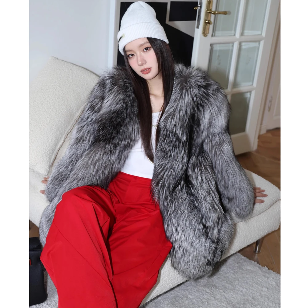 Women's fur coat Autumn-winter silver fox whole skin fox fur medium long thick long fur coat warm casual trench coat