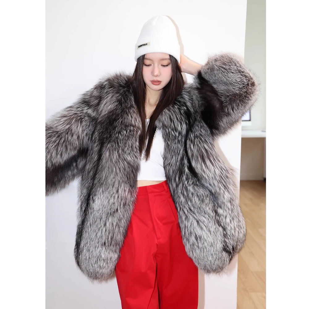 Women's fur coat Autumn-winter silver fox whole skin fox fur medium long thick long fur coat warm casual trench coat