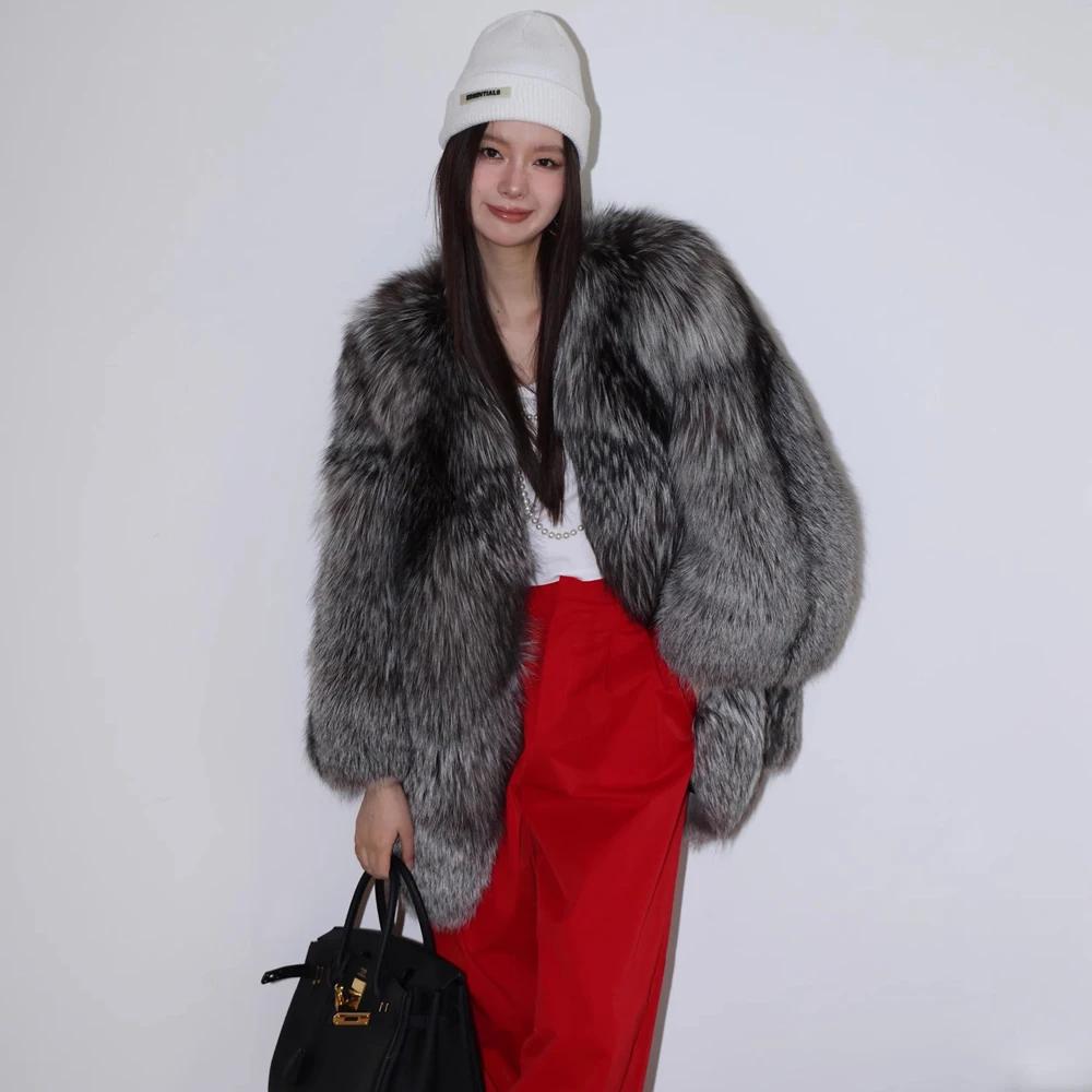 Women's fur coat Autumn-winter silver fox whole skin fox fur medium long thick long fur coat warm casual trench coat