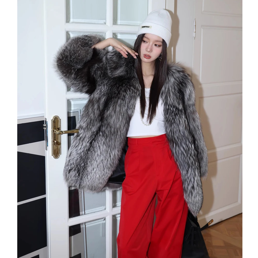 Women's fur coat Autumn-winter silver fox whole skin fox fur medium long thick long fur coat warm casual trench coat