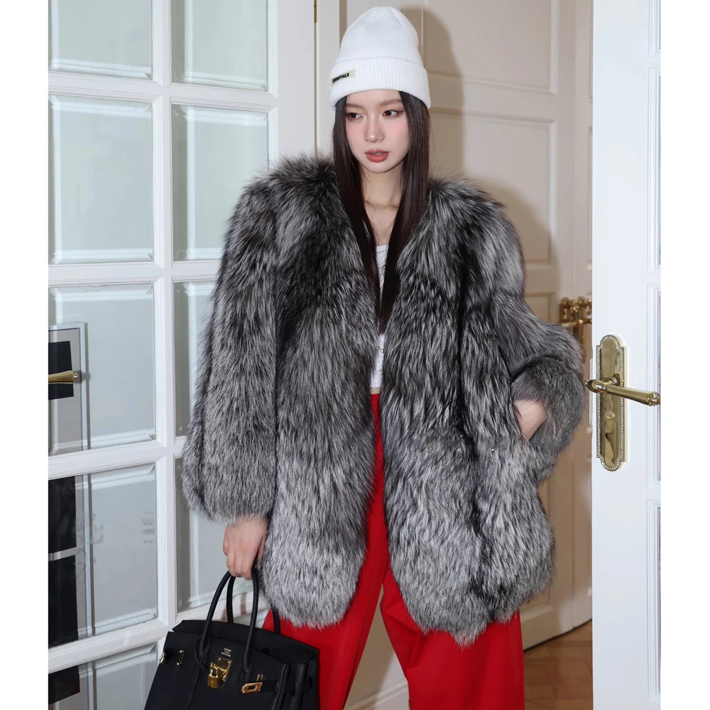 Women's fur coat Autumn-winter silver fox whole skin fox fur medium long thick long fur coat warm casual trench coat