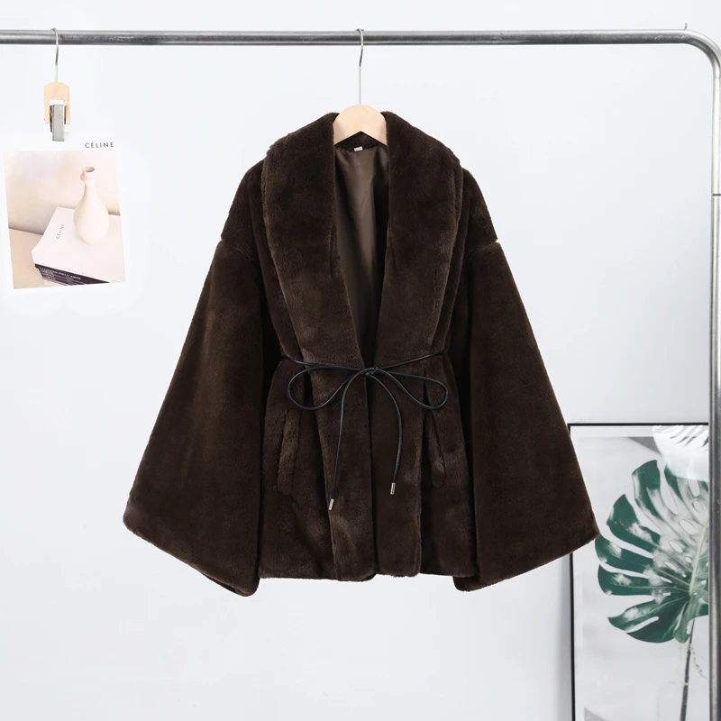 Women's Elegant Faux Fur Coat Fashion Oversized Long Sleeve Warm Belt Waist Jacket Lady 2026 Spring New Chic Street Outerwear