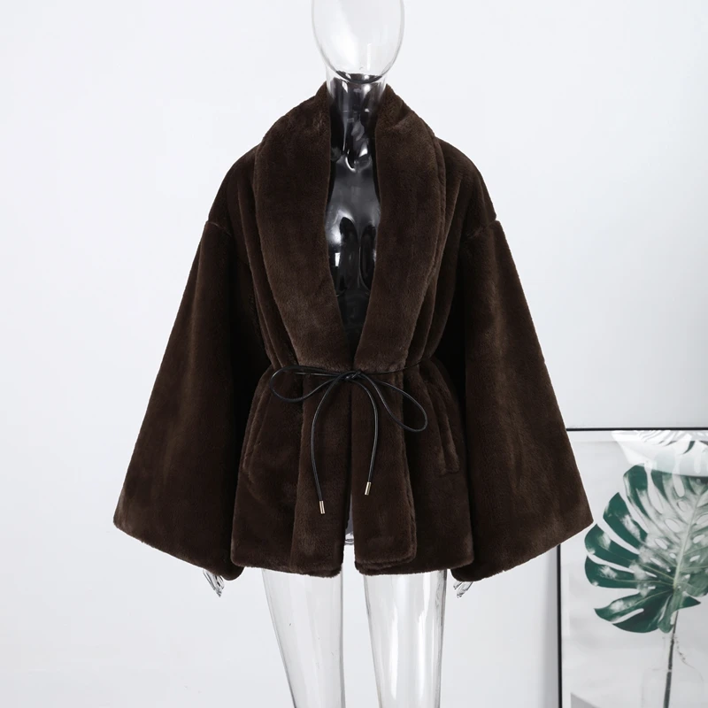 Women's Elegant Faux Fur Coat Fashion Oversized Long Sleeve Warm Belt Waist Jacket Lady 2026 Spring New Chic Street Outerwear