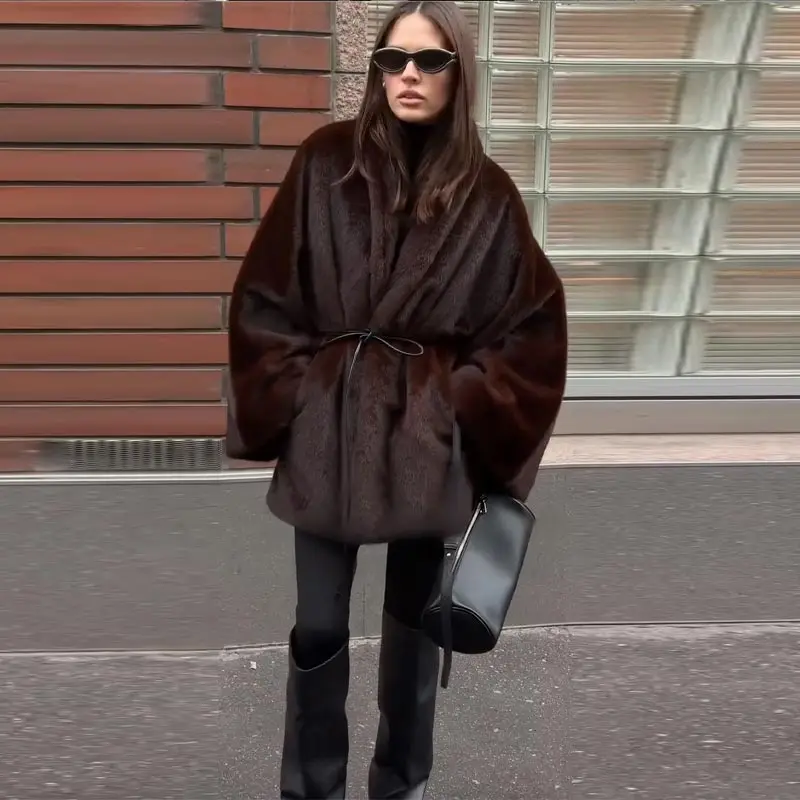 Women's Elegant Faux Fur Coat Fashion Oversized Long Sleeve Warm Belt Waist Jacket Lady 2026 Spring New Chic Street Outerwear