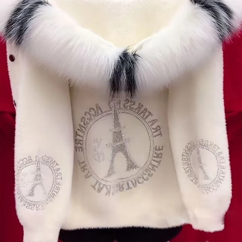 Autumn And Winter New Warm Solid Color Thick Hooded Imitation Mink Fur Coat With Rhinestone And Fur Collar Women's Top Cardigan