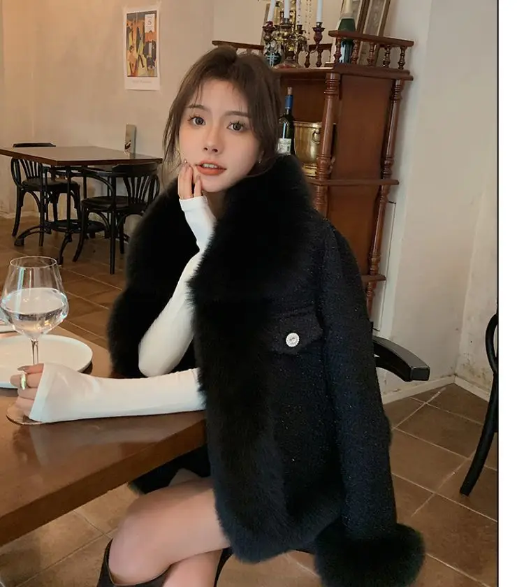 Sparkling Small Fragrant Wind Fur Coat Women 2023 Autumn/Winter New Combination Rough Tweed Imitation Fox Fur Top Warm cardigan