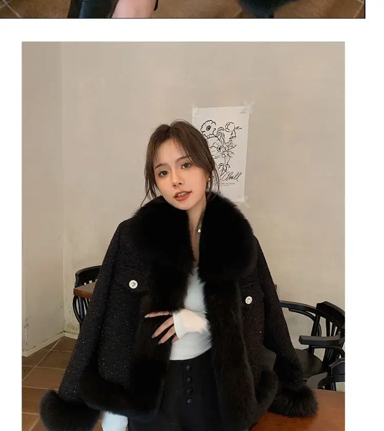 Sparkling Small Fragrant Wind Fur Coat Women 2023 Autumn/Winter New Combination Rough Tweed Imitation Fox Fur Top Warm cardigan