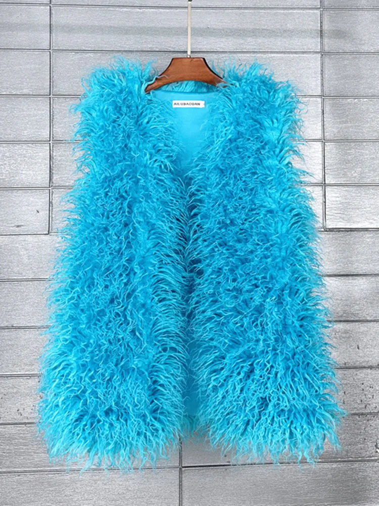 ZADORIN Fashion Winter 75cm Long Fluffy Faux Fur Vest Women Colorful Faux Mongolia Sheep Fur Gilet Fake Fur Jackets Women Coats