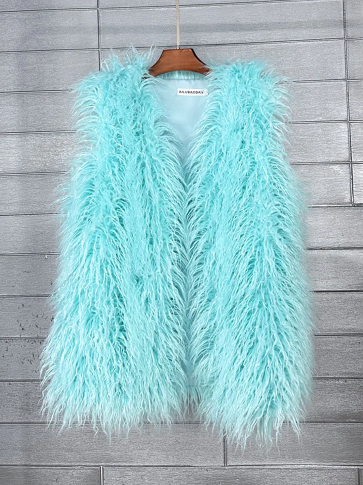 ZADORIN Fashion Winter 75cm Long Fluffy Faux Fur Vest Women Colorful Faux Mongolia Sheep Fur Gilet Fake Fur Jackets Women Coats