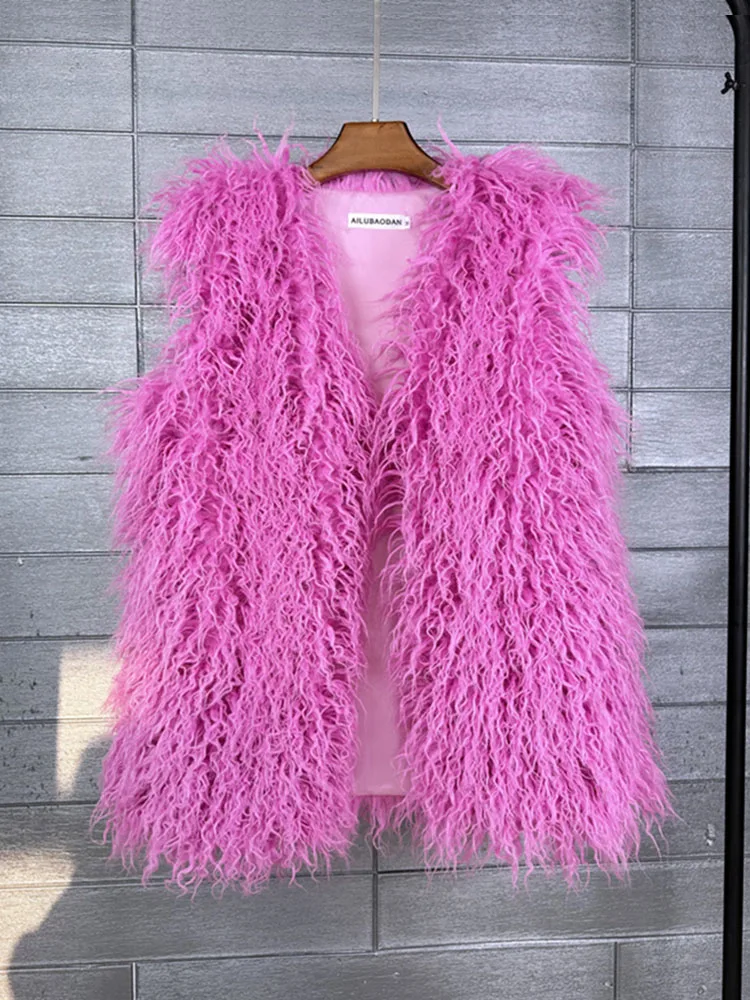 ZADORIN Fashion Winter 75cm Long Fluffy Faux Fur Vest Women Colorful Faux Mongolia Sheep Fur Gilet Fake Fur Jackets Women Coats