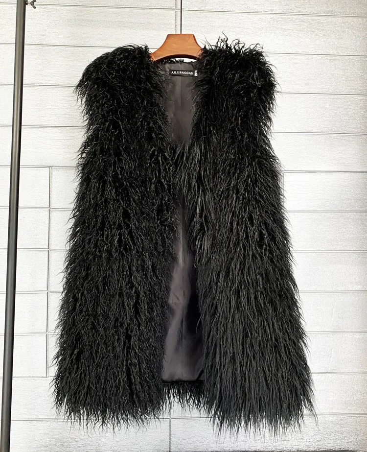 ZADORIN Fashion Winter 75cm Long Fluffy Faux Fur Vest Women Colorful Faux Mongolia Sheep Fur Gilet Fake Fur Jackets Women Coats
