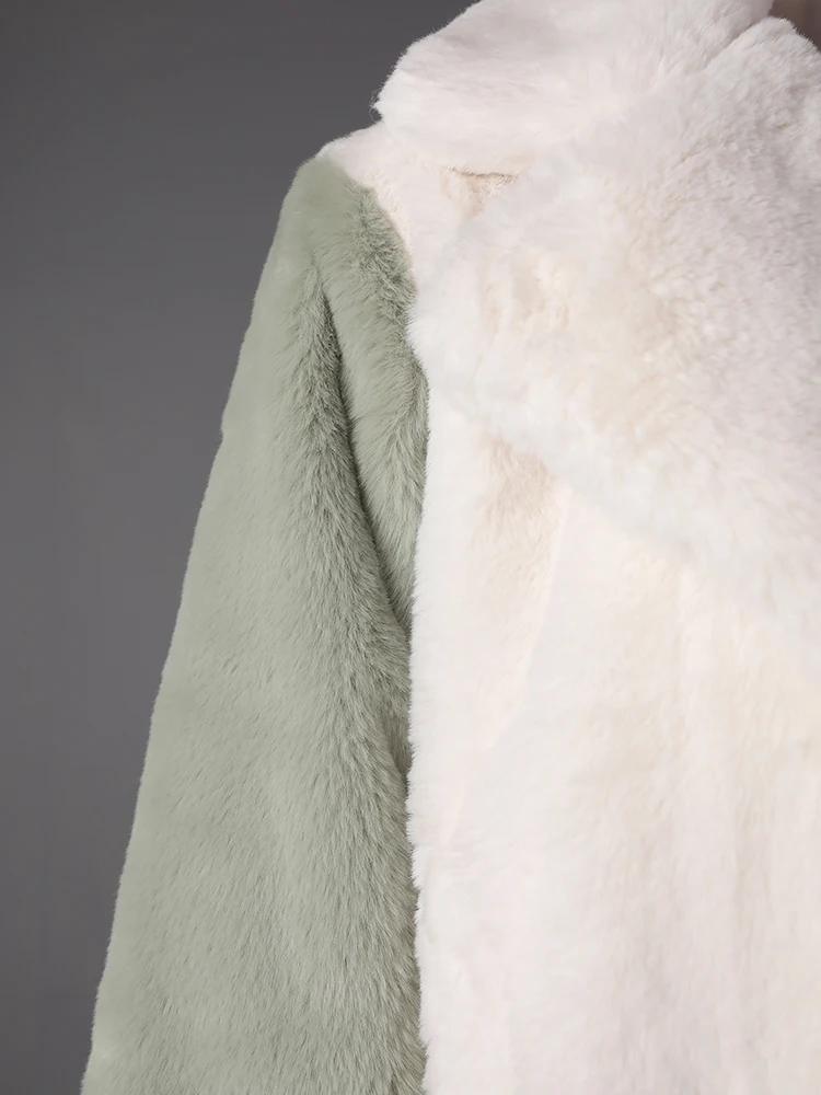 DEAT Fashion Contrast Color Faux Fur Coat Women's Lapel Loose Long Sleeves Plush Thick Overcoat Winter New
