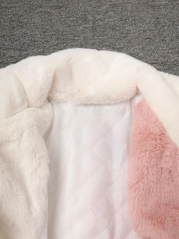 DEAT Fashion Contrast Color Faux Fur Coat Women's Lapel Loose Long Sleeves Plush Thick Overcoat Winter New