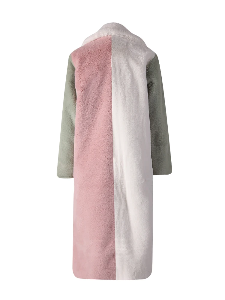 DEAT Fashion Contrast Color Faux Fur Coat Women's Lapel Loose Long Sleeves Plush Thick Overcoat Winter New