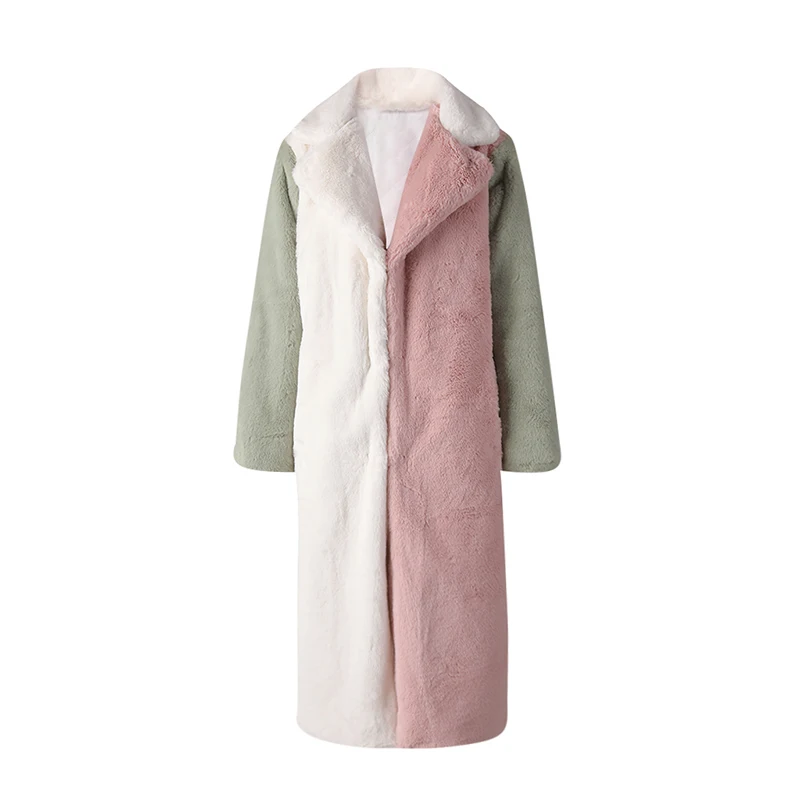 DEAT Fashion Contrast Color Faux Fur Coat Women's Lapel Loose Long Sleeves Plush Thick Overcoat Winter New
