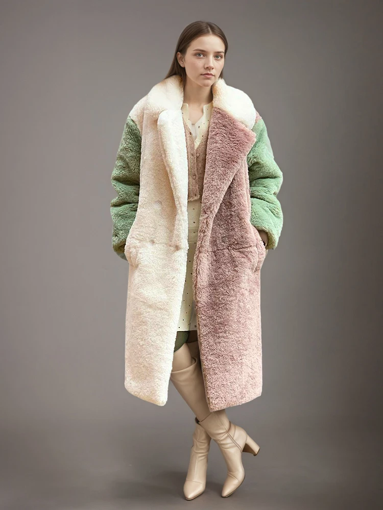 DEAT Fashion Contrast Color Faux Fur Coat Women's Lapel Loose Long Sleeves Plush Thick Overcoat Winter New