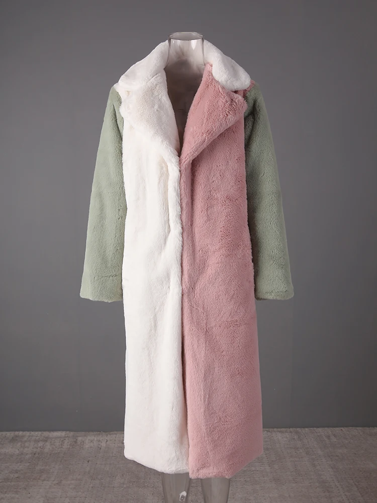 DEAT Fashion Contrast Color Faux Fur Coat Women's Lapel Loose Long Sleeves Plush Thick Overcoat Winter New