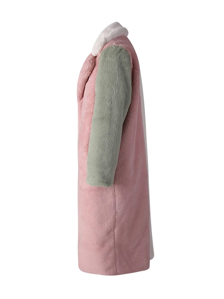 DEAT Fashion Contrast Color Faux Fur Coat Women's Lapel Loose Long Sleeves Plush Thick Overcoat Winter New