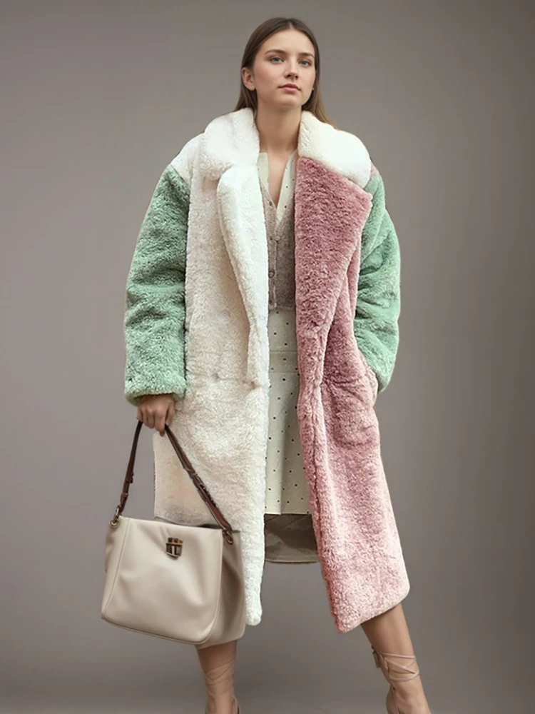 DEAT Fashion Contrast Color Faux Fur Coat Women's Lapel Loose Long Sleeves Plush Thick Overcoat Winter New