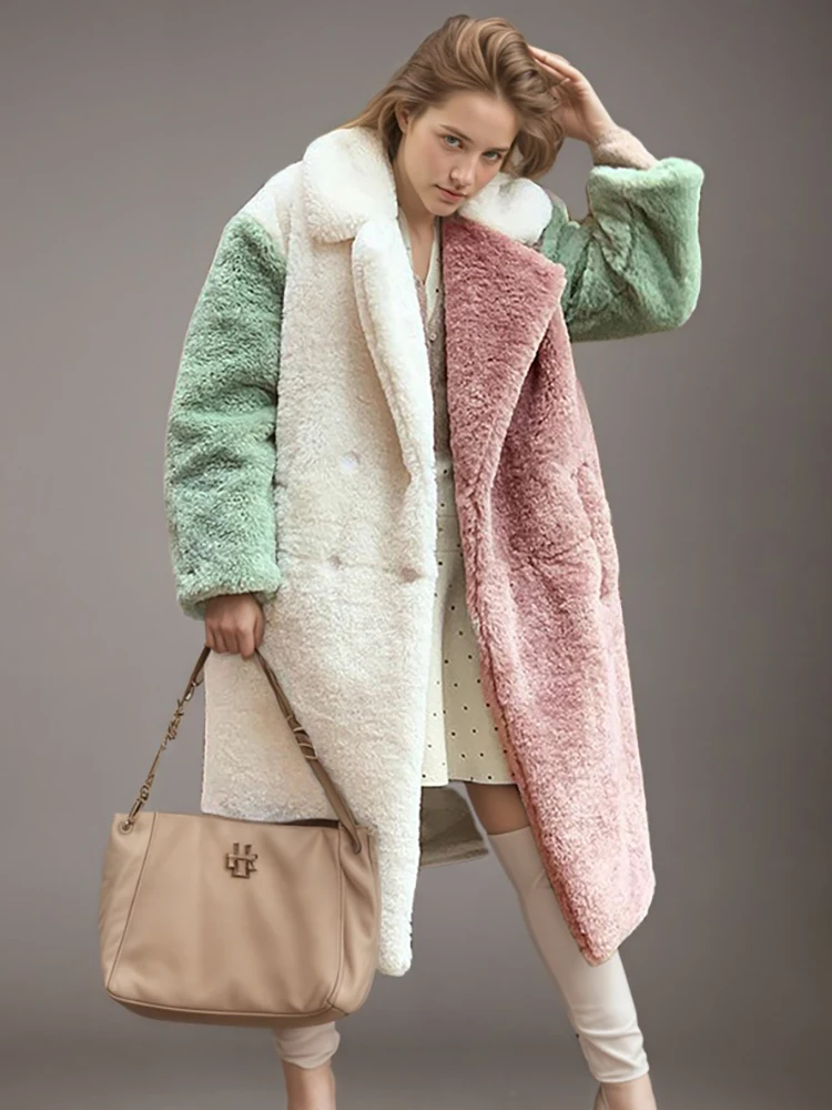 DEAT Fashion Contrast Color Faux Fur Coat Women's Lapel Loose Long Sleeves Plush Thick Overcoat Winter New