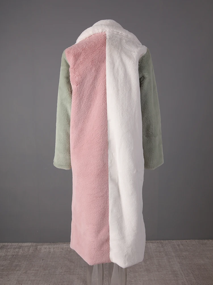 DEAT Fashion Contrast Color Faux Fur Coat Women's Lapel Loose Long Sleeves Plush Thick Overcoat Winter New