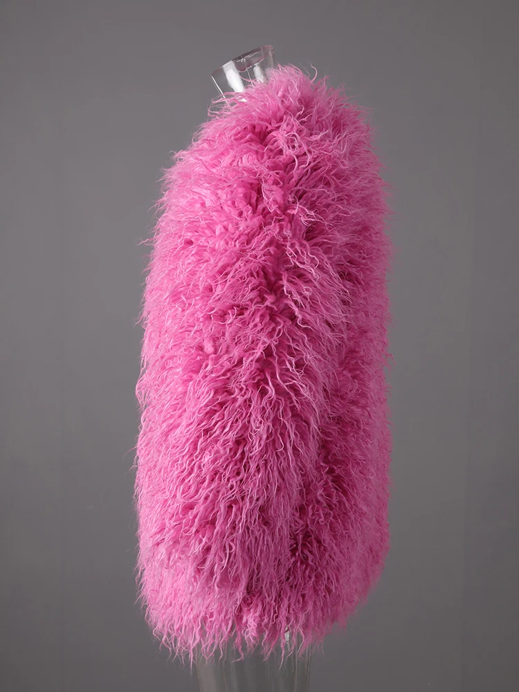 DEAT Fashion Rose Red Imitation Mongolia Sheep Fur Coat Women's Round Neck Loose Long Sleeves Faux Fur Jacket Winter New