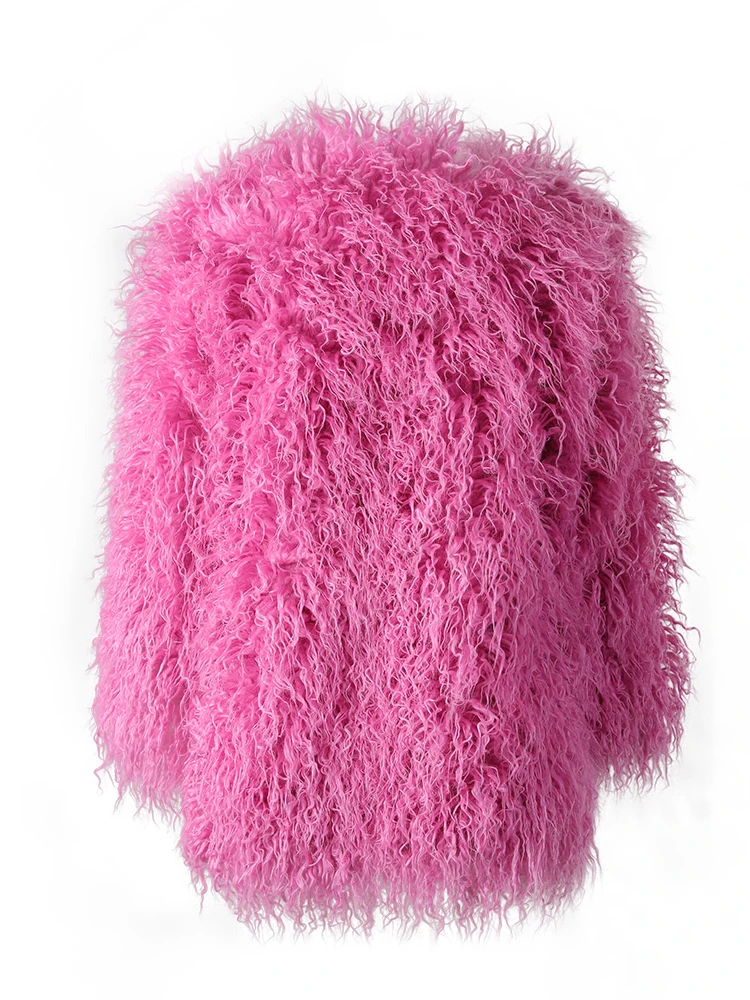 DEAT Fashion Rose Red Imitation Mongolia Sheep Fur Coat Women's Round Neck Loose Long Sleeves Faux Fur Jacket Winter New