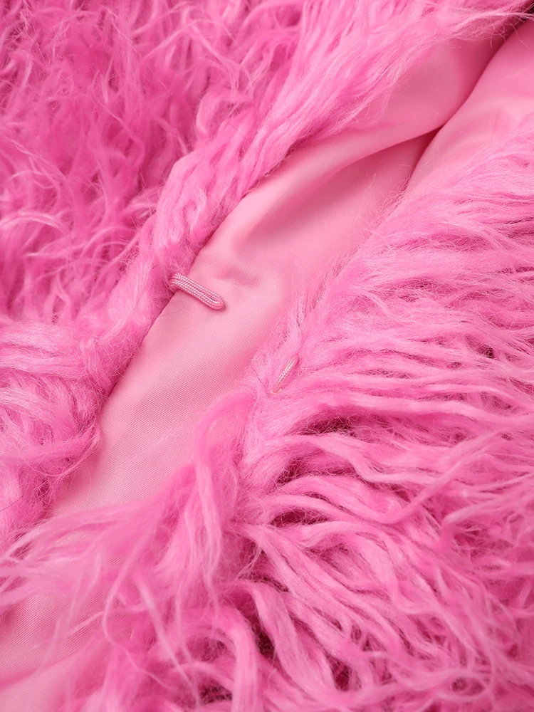 DEAT Fashion Rose Red Imitation Mongolia Sheep Fur Coat Women's Round Neck Loose Long Sleeves Faux Fur Jacket Winter New