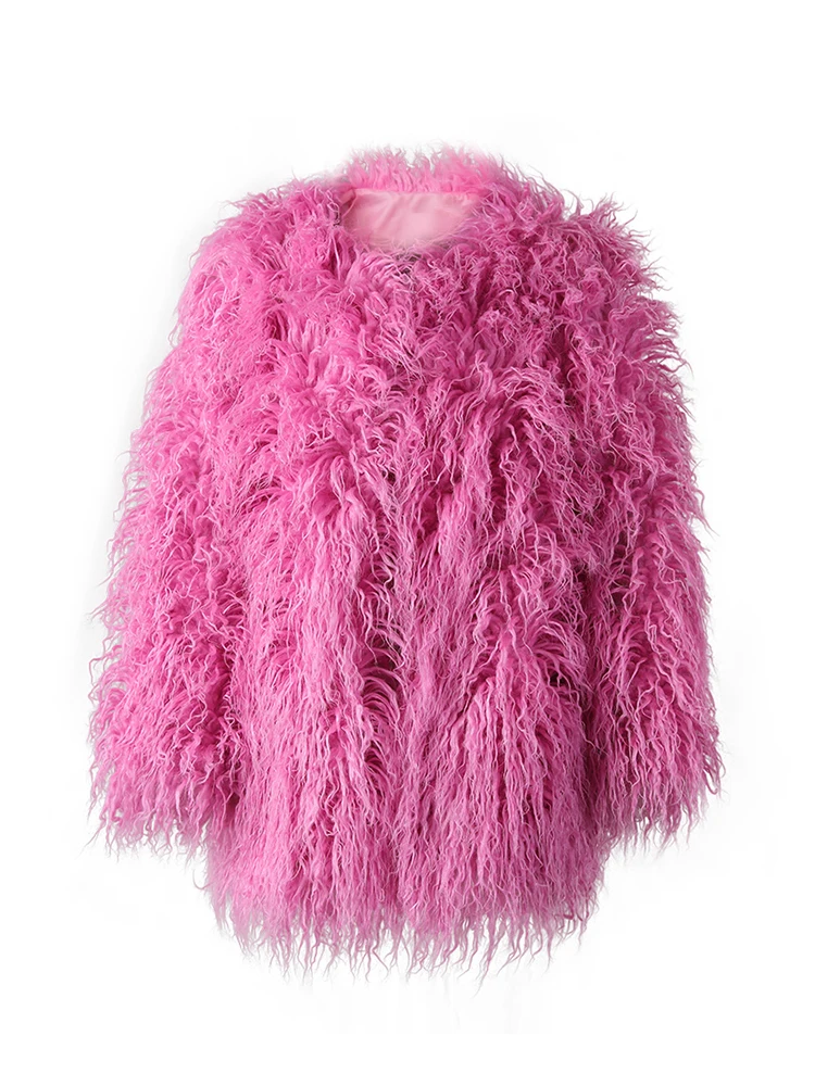DEAT Fashion Rose Red Imitation Mongolia Sheep Fur Coat Women's Round Neck Loose Long Sleeves Faux Fur Jacket Winter New