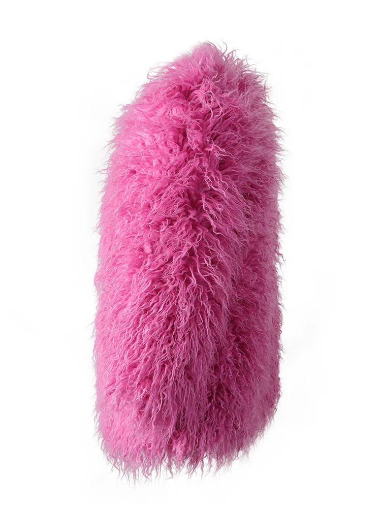 DEAT Fashion Rose Red Imitation Mongolia Sheep Fur Coat Women's Round Neck Loose Long Sleeves Faux Fur Jacket Winter New