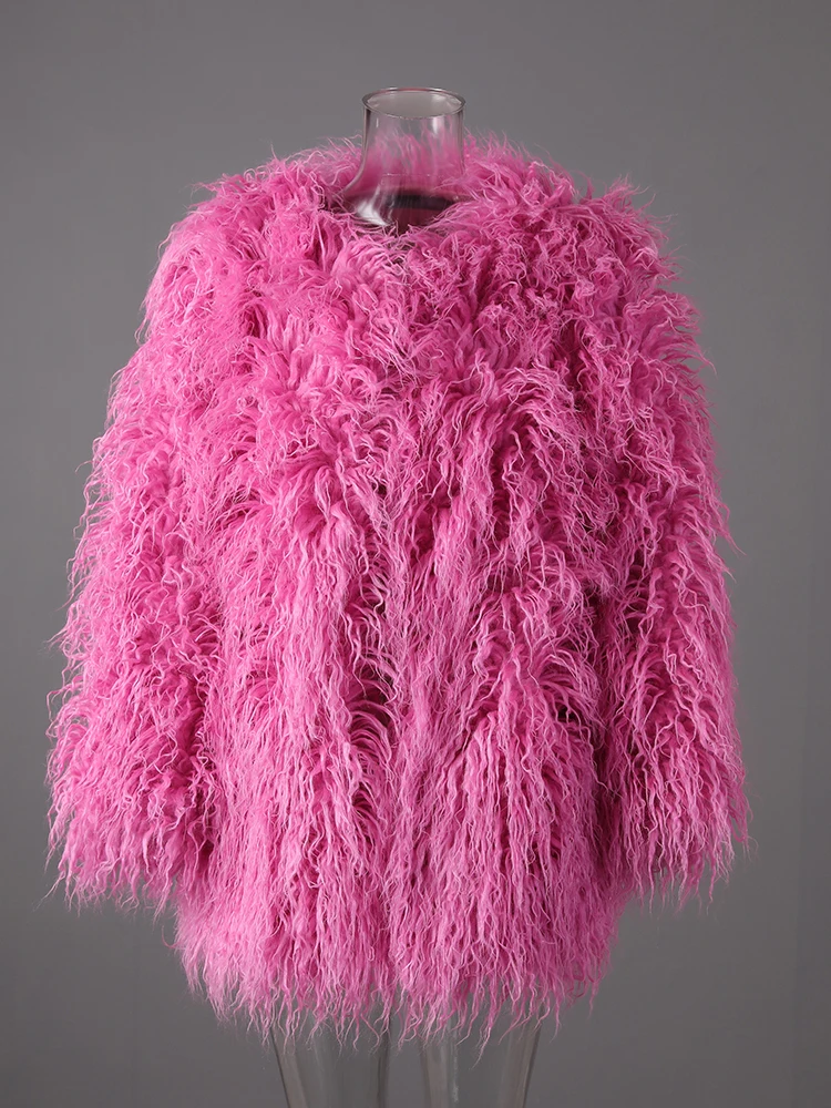 DEAT Fashion Rose Red Imitation Mongolia Sheep Fur Coat Women's Round Neck Loose Long Sleeves Faux Fur Jacket Winter New