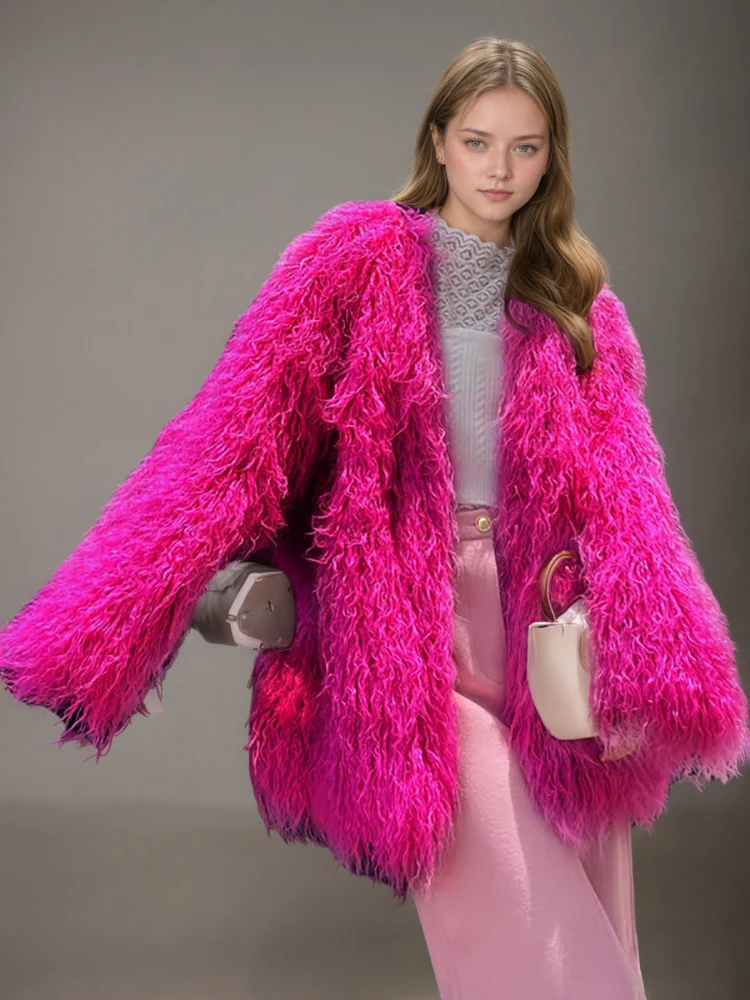 DEAT Fashion Rose Red Imitation Mongolia Sheep Fur Coat Women's Round Neck Loose Long Sleeves Faux Fur Jacket Winter New