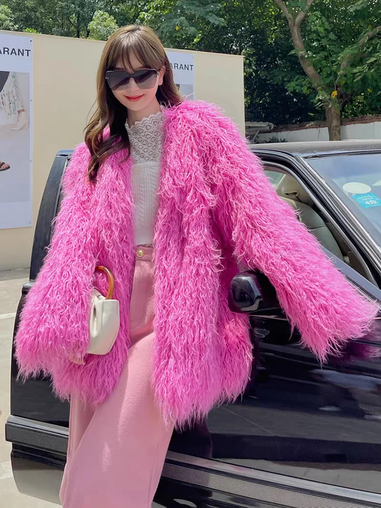 DEAT Fashion Rose Red Imitation Mongolia Sheep Fur Coat Women's Round Neck Loose Long Sleeves Faux Fur Jacket Winter New