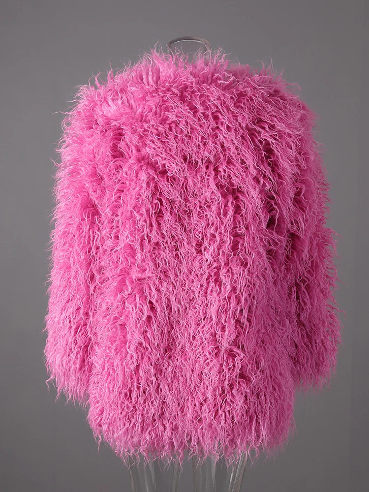 DEAT Fashion Rose Red Imitation Mongolia Sheep Fur Coat Women's Round Neck Loose Long Sleeves Faux Fur Jacket Winter New