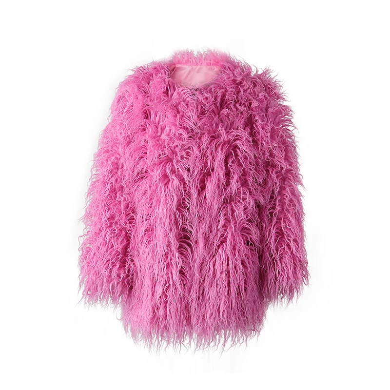 DEAT Fashion Rose Red Imitation Mongolia Sheep Fur Coat Women's Round Neck Loose Long Sleeves Faux Fur Jacket Winter New