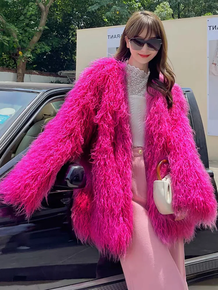 DEAT Fashion Rose Red Imitation Mongolia Sheep Fur Coat Women's Round Neck Loose Long Sleeves Faux Fur Jacket Winter New