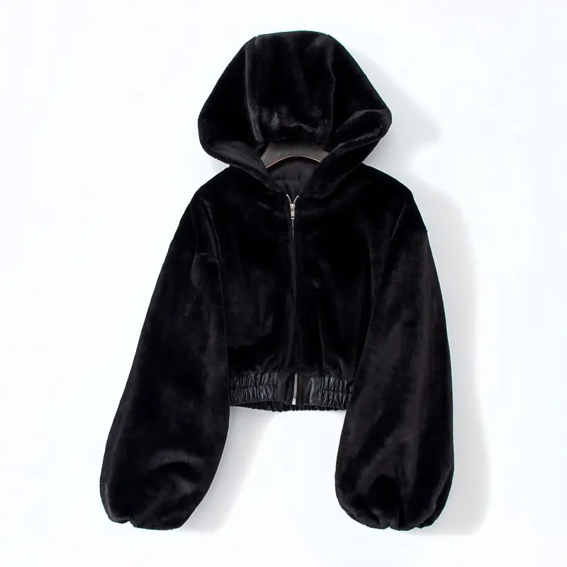 Y2k Women Soft Faux Fur Jacket Autumn Winter Cropped Jacket Black Long-sleeve Streetwear Zipper Jacket Warm Fur Coat Hooded Tops