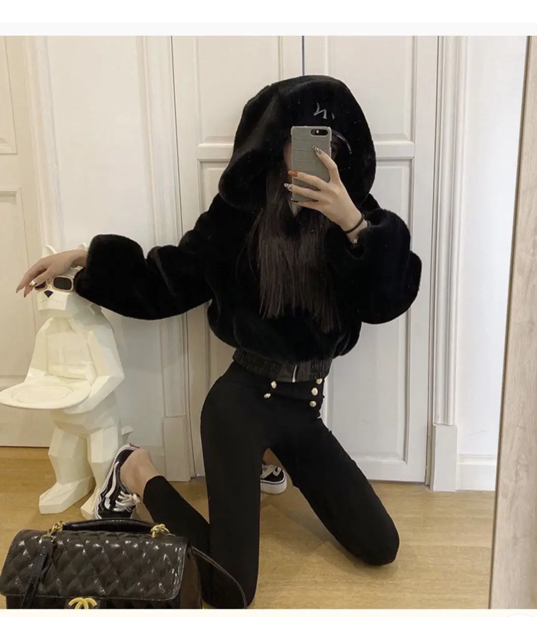 Y2k Women Soft Faux Fur Jacket Autumn Winter Cropped Jacket Black Long-sleeve Streetwear Zipper Jacket Warm Fur Coat Hooded Tops