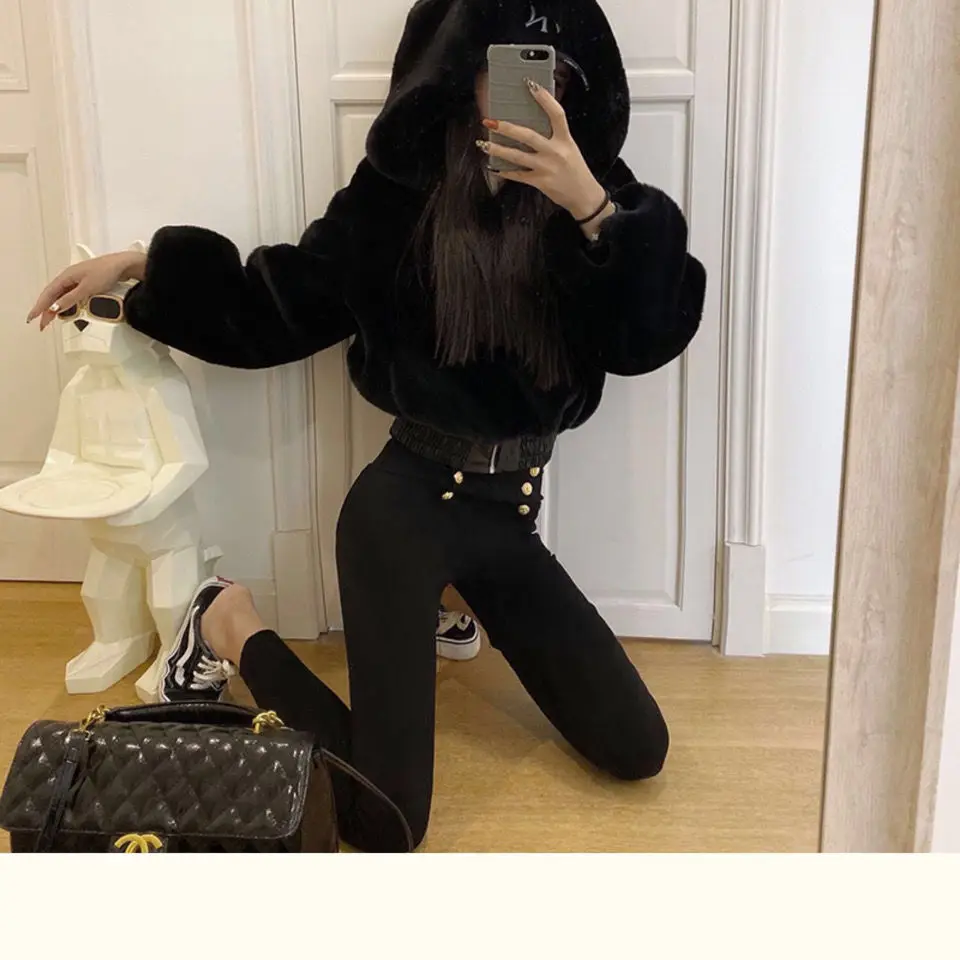 Y2k Women Soft Faux Fur Jacket Autumn Winter Cropped Jacket Black Long-sleeve Streetwear Zipper Jacket Warm Fur Coat Hooded Tops