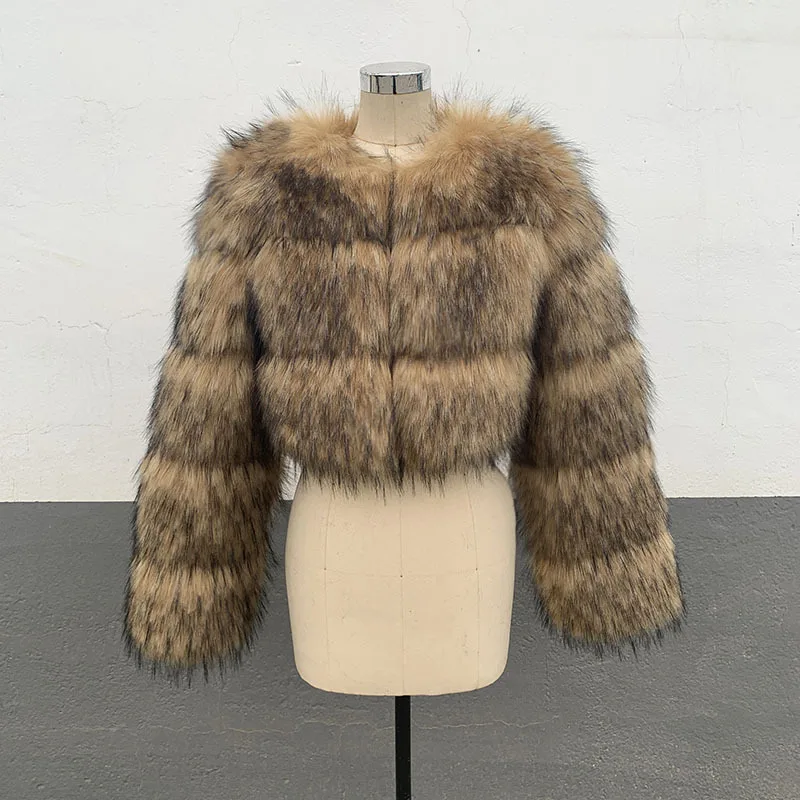 HJQJLJLS 2022 Winter New Arrival Women Crop Faux Raccoon Fur Coat Female Fashion Warm Long Sleeve Fluffy Short Furry Jacket