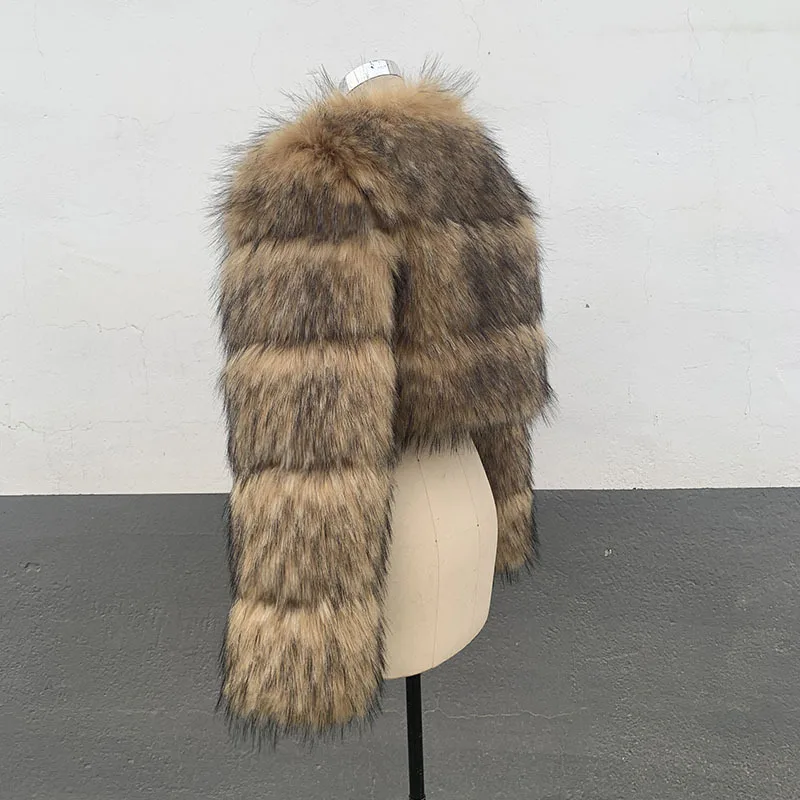 HJQJLJLS 2022 Winter New Arrival Women Crop Faux Raccoon Fur Coat Female Fashion Warm Long Sleeve Fluffy Short Furry Jacket