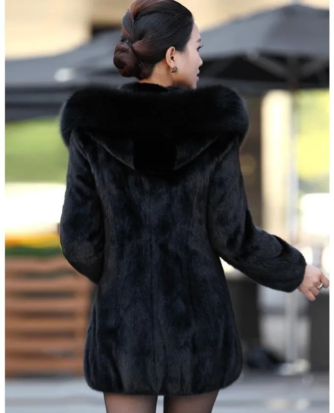 Women's Faux Fur Coat Winter Warm Black Imitation Fox Fur Long Round Neck Hat Temperament Young Lady 2021 New