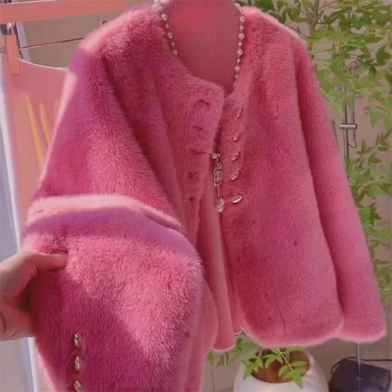 Autumn Winter Female Faux Mink Imitation Fur Coat 2025 Women O-Neck Short Fur Jacket Ladies Long Sleeve Warm Plush Outerwear