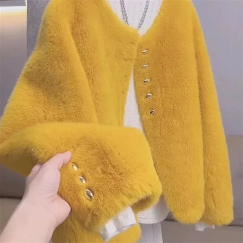 Autumn Winter Female Faux Mink Imitation Fur Coat 2025 Women O-Neck Short Fur Jacket Ladies Long Sleeve Warm Plush Outerwear