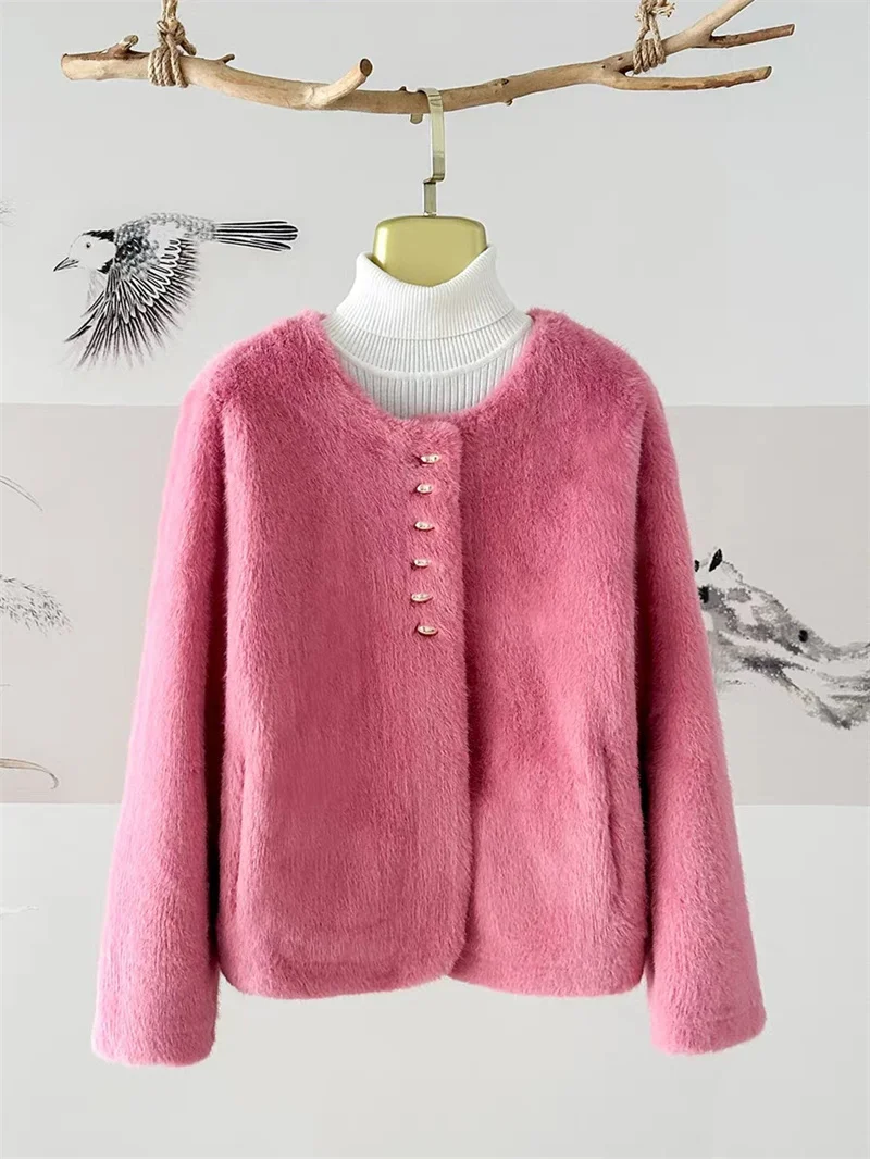 Autumn Winter Female Faux Mink Imitation Fur Coat 2025 Women O-Neck Short Fur Jacket Ladies Long Sleeve Warm Plush Outerwear