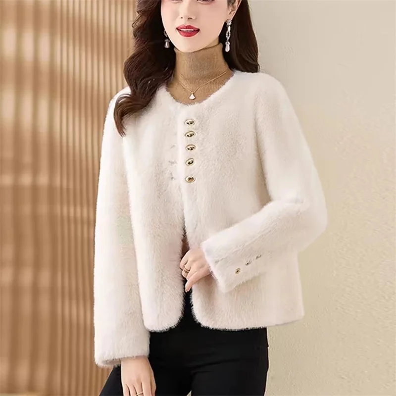 Autumn Winter Female Faux Mink Imitation Fur Coat 2025 Women O-Neck Short Fur Jacket Ladies Long Sleeve Warm Plush Outerwear