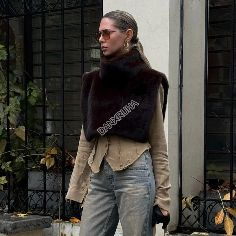 DANXRUHA 2026 Fashion Women's Faux Fur Coat Artificial Sable Vest Autumn Winter Turtleneck Eco Mink Fur Tank Tops Sleeveless